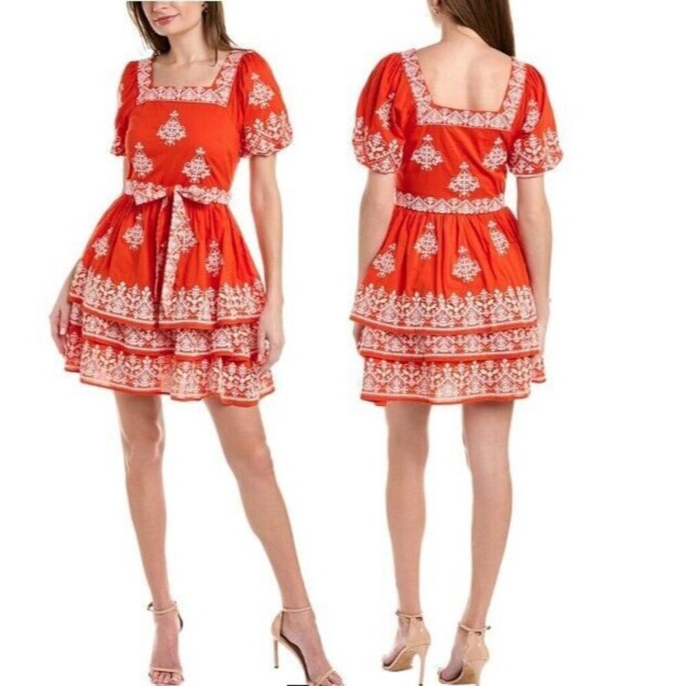 NWT Boden Square Neck Red & White Embroidered Puff Sleeve Rara Dress 8